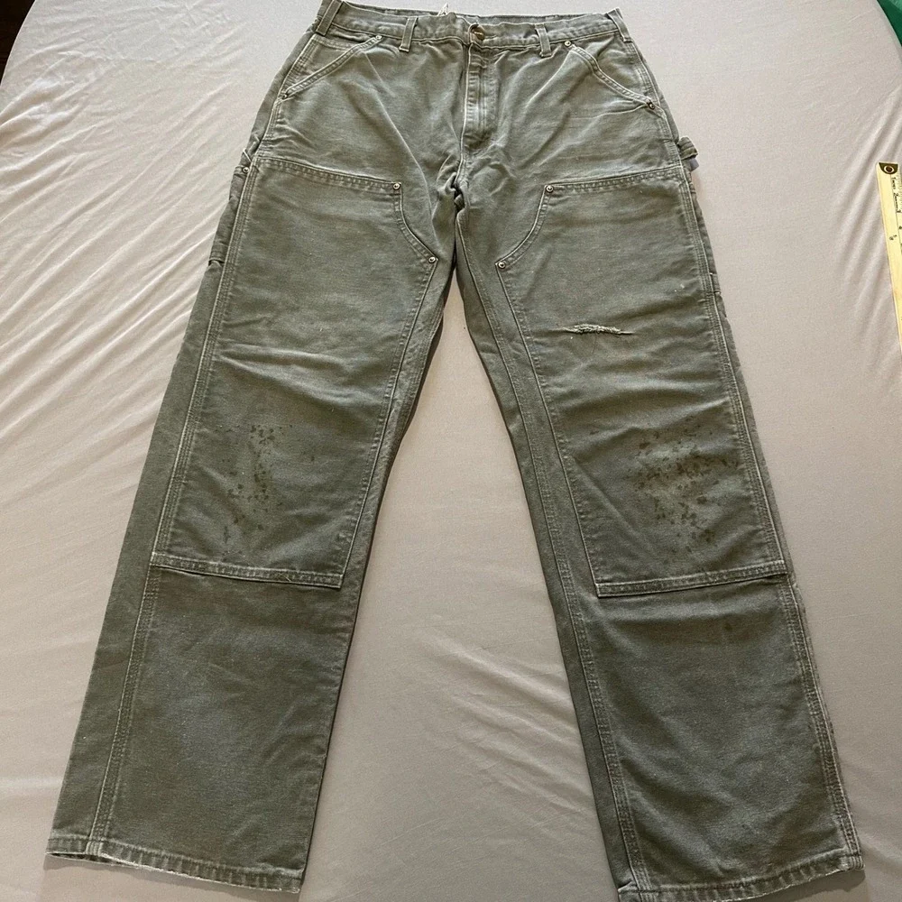 Carhartt B01 Double Knee Pants Mens 34x32 Moss Green Good Distressed USA Made